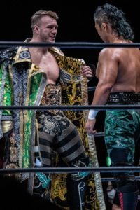 Will Ospreay with the IWGP World Heavyweight Championship and Shingo Takagi with the NEVER Openweight Championship by taigaphoto_pw
