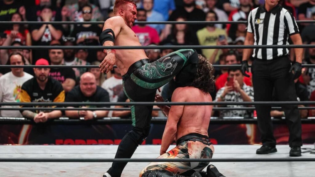 Will Ospreay hitting the Kamigoye on Kenny Omega at Forbidden Door in June 2023, credits to AEW's archive 