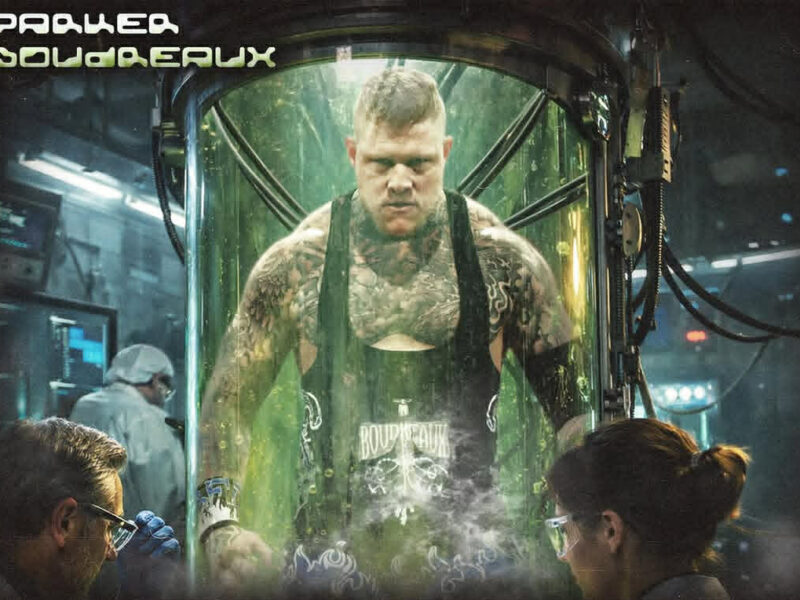 Muscular tattooed man inside a glowing glass containment pod in a high-tech lab, with two scientists observing.