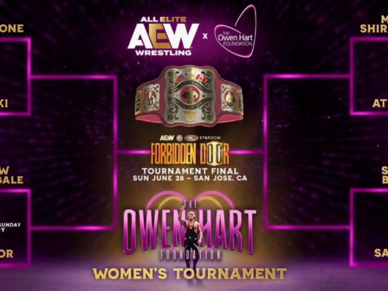 Promotional poster for AEW Women's Tournament with a central championship belt, glowing pink tournament bracket lines, and competitor names around (Hazuki, Athena, Willow Nightingale, Skye Blue, Saree, etc.).