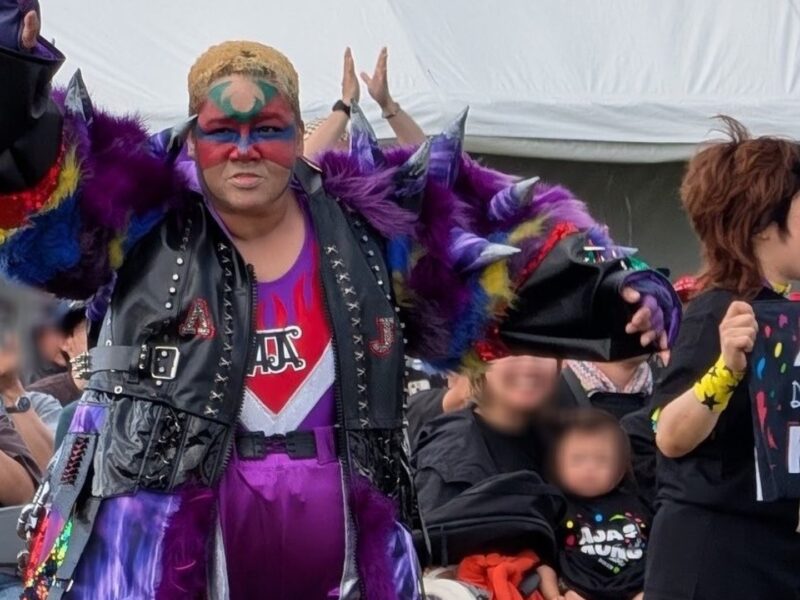 Drag performer in bright, feathered purple costume and bold makeup raises arms at a parade.