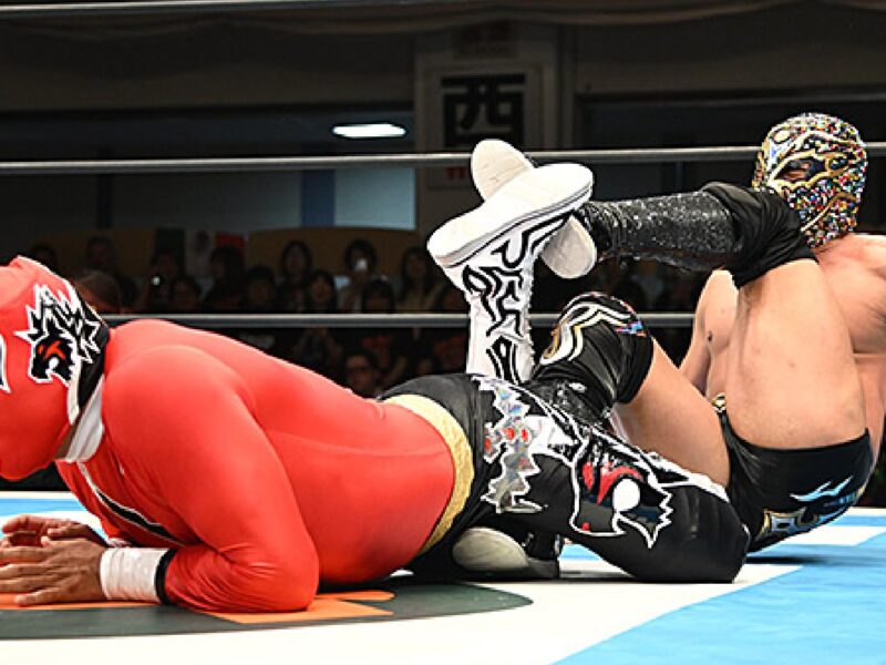 Two luchadores wrestling in a ring; one in a red suit on the mat, the other wearing a colorful mask delivering a kickto him