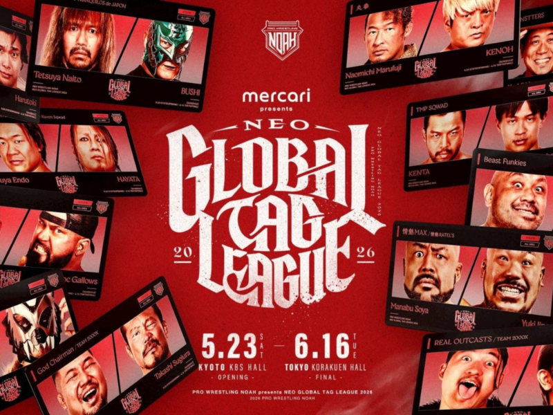 Promotional poster for NOAH Global Tag League 2026 with wrestler headshots in filmstrip panels and event dates on a red background.