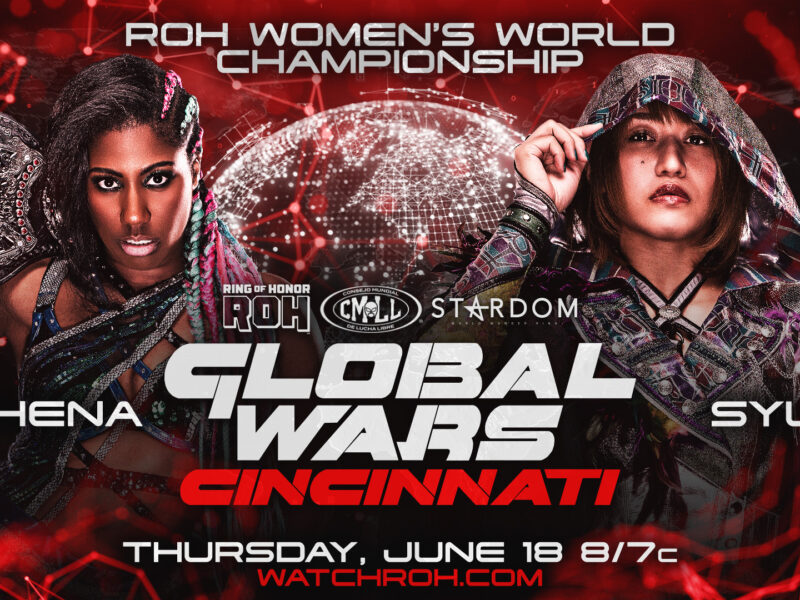 Promotional banner for ROH Global Wars Cincinnati showing Athena with the ROH Women's World Championship belt and Syuri, with event date and watchroh.com