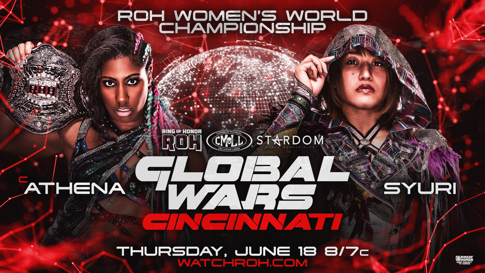 Promotional banner for ROH Global Wars Cincinnati showing Athena with the ROH Women's World Championship belt and Syuri, with event date and watchroh.com