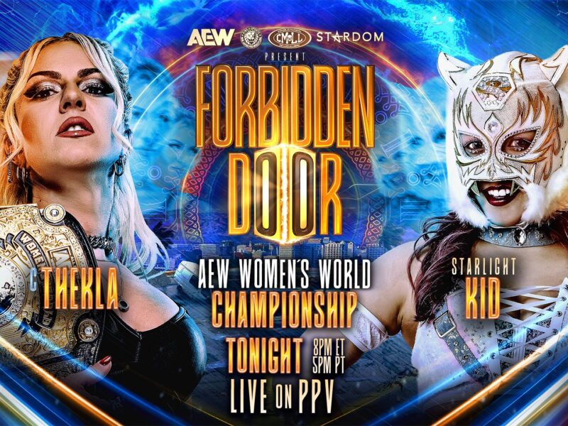 Colorful AEW poster with two women wrestlers; left holds a gold championship belt, right wears a white ornate mask, title 'Forbidden Door' in gold letters.