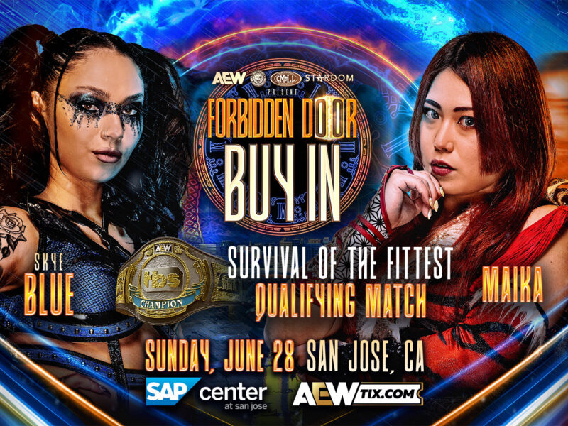 Promotional poster for an AEW Forbidden Door event featuring two female wrestlers facing off with a championship belt between them in a neon-lit, sci-fi backdrop.