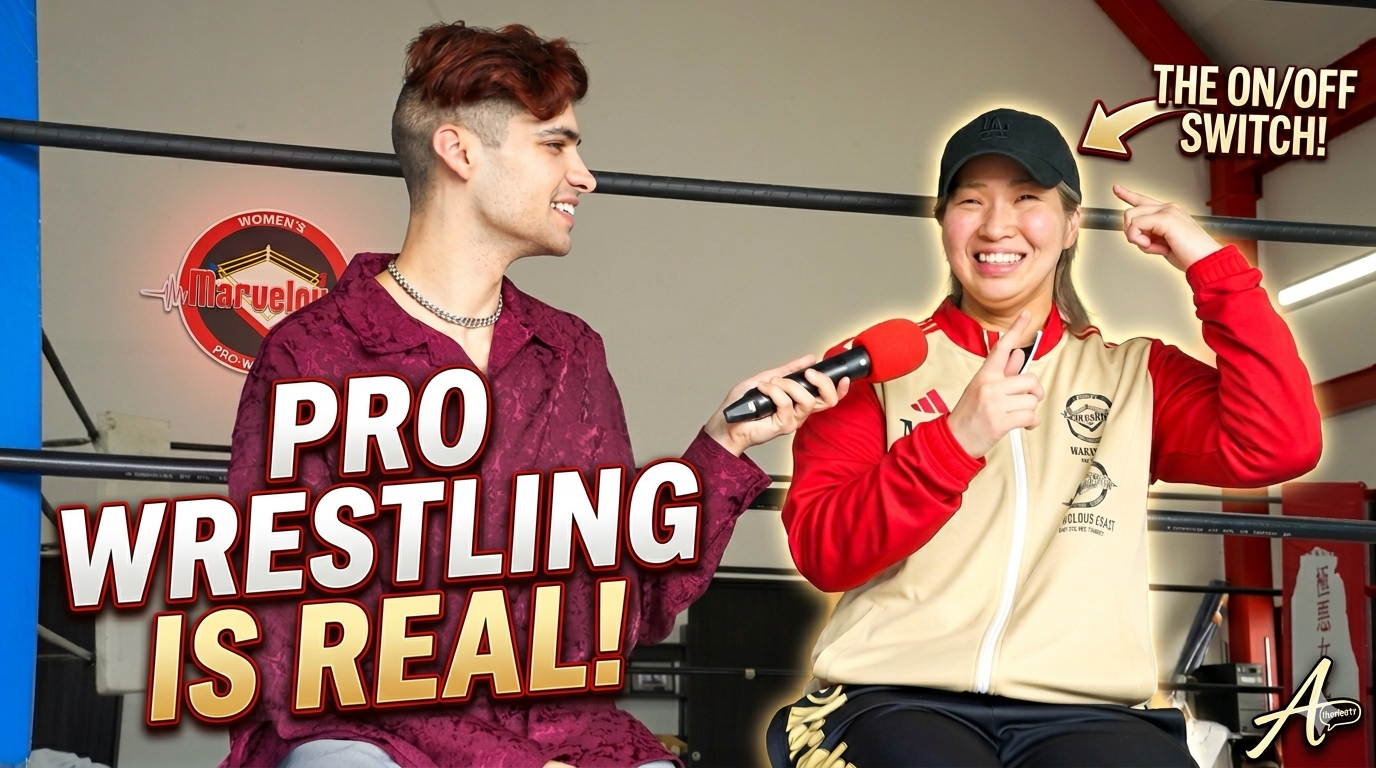 Interviewer holds a red mic as a wrestler talks in a ring, with the bold text ‘PRO WRESTLING IS REAL!’.