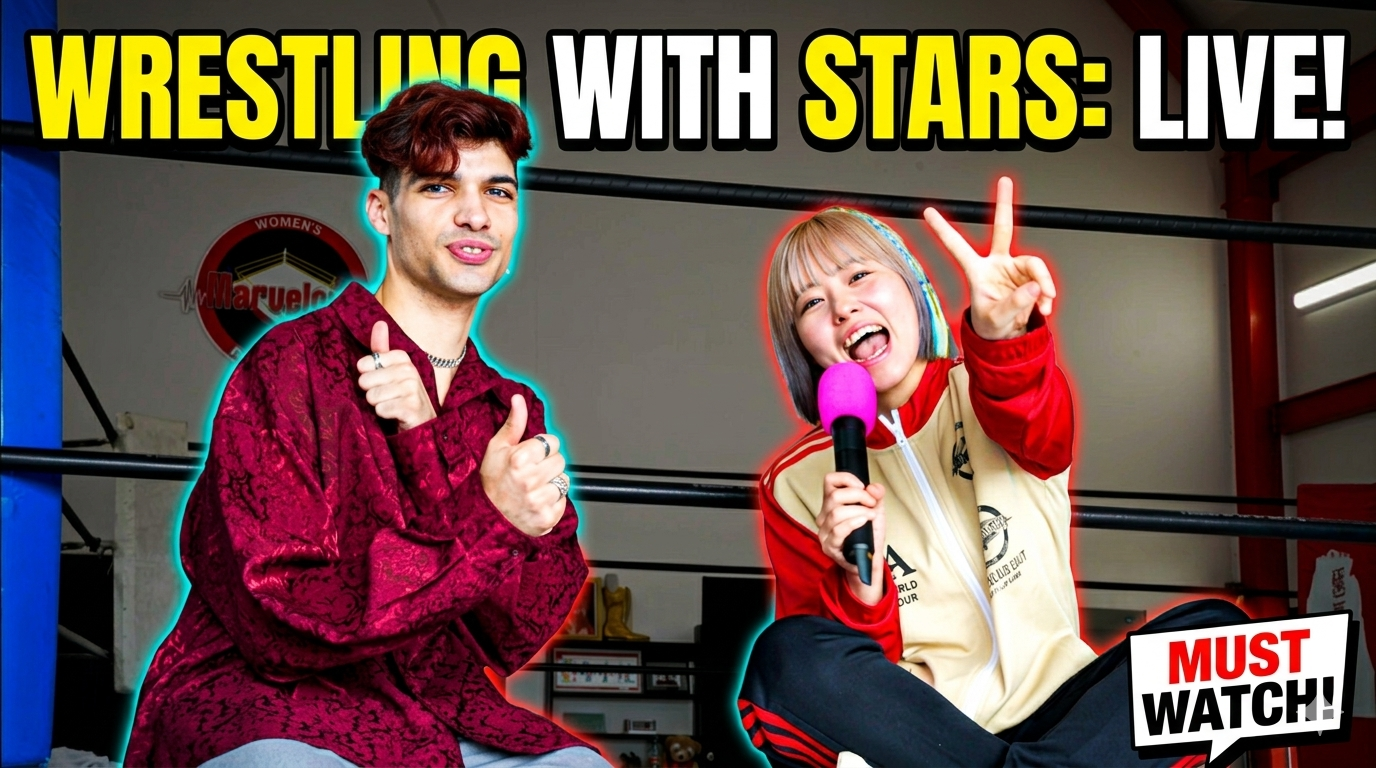 Two hosts in a boxing ring posing for a live show thumbnail: man thumbs up, woman with pink mic flashing a peace sign; bold 'WRESTLING WITH STARS: LIVE!' and 'MUST WATCH!' text above them.