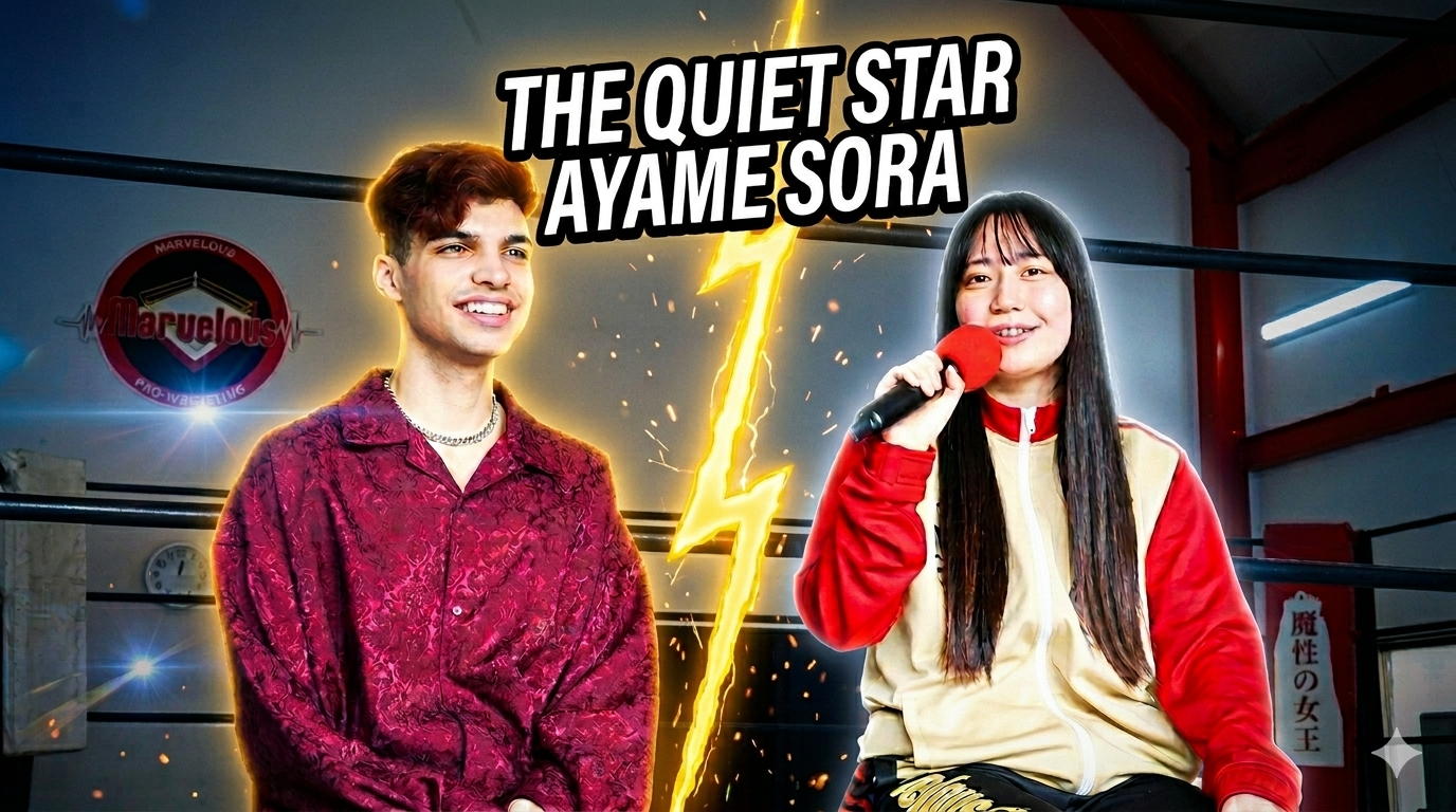 Two young performers in a stage setting; one holds a microphone, with a glowing lightning bolt graphic and bold banner text above them in a ring.