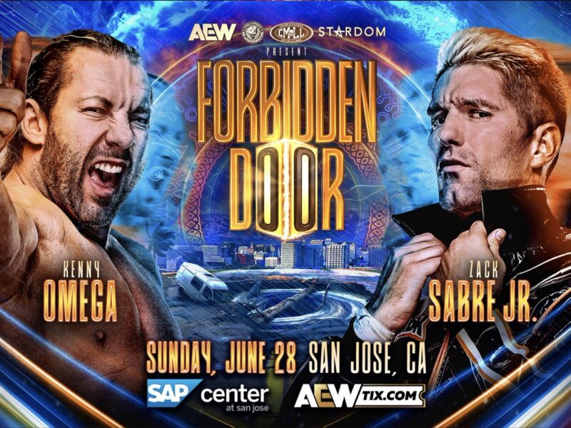 AEW Forbidden Door poster featuring Kenny Omega and Zack Sabre Jr. in a neon-lit, action-packed design with date details