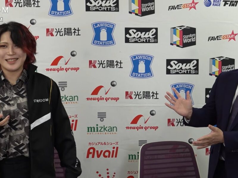 Two people pose in front of a wall covered with sponsor logos; left person smiles with red-dyed hair and a black jacket, right person in a suit gestures with hands downstage-right.