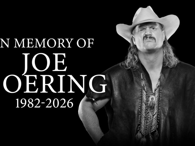 Memorial banner: 'In Memory of Joe Doering 1982-2026' in large white text on a black background, with a grayscale photo of Joe Doering wearing a cowboy hat on the right.