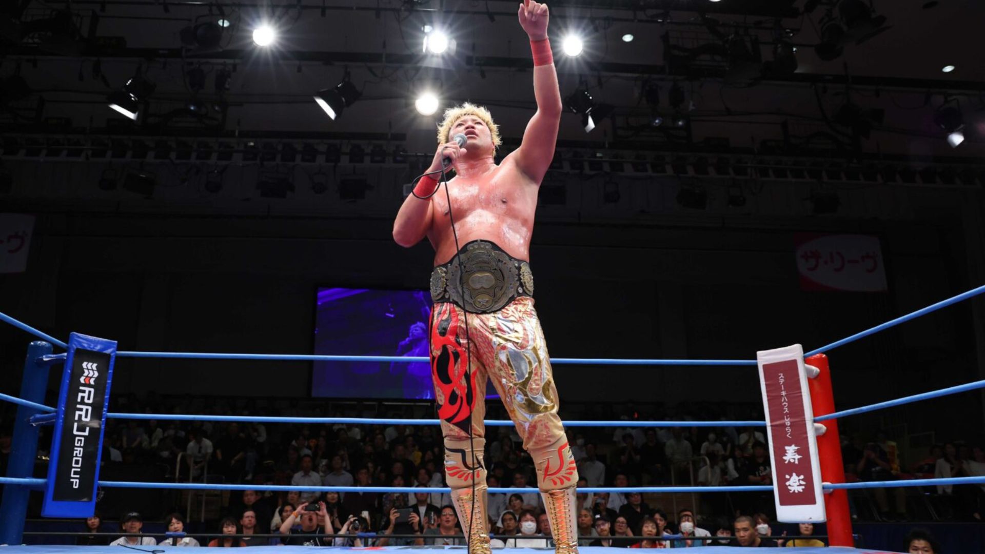 Wrestler stands in the ring with a championship belt around his waist, one arm raised in victory under bright arena lights.