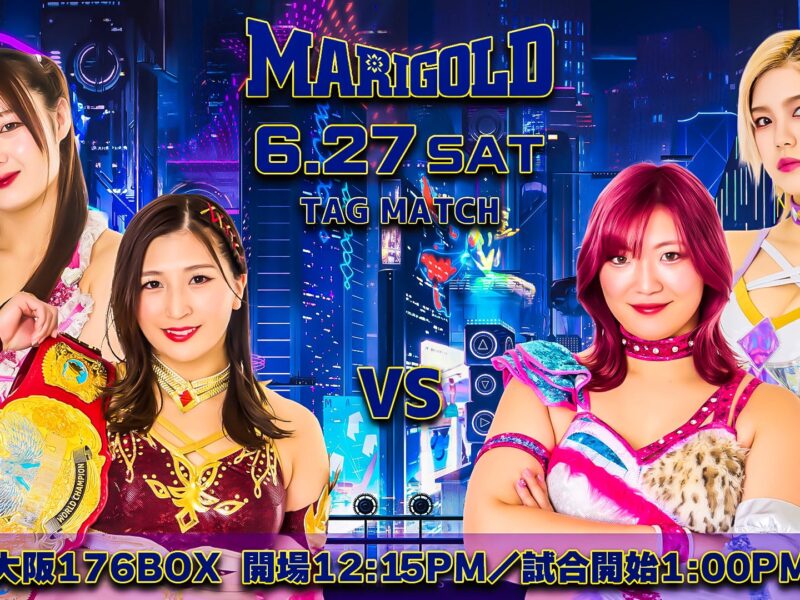 Promo banner for Marigold tag match on 6/27 featuring four wrestlers in bright outfits against a neon city backdrop, with a championship belt visible in the foreground.