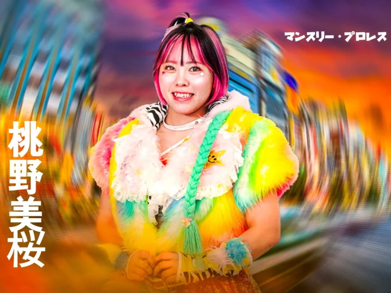 Smiling person in a bright rainbow feathered outfit against a multicolor swirl background with white Japanese text along the left edge.
