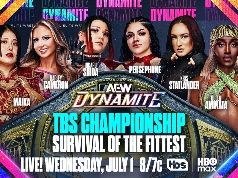 Promotional poster for AEW Dynamite featuring six female wrestlers with a large championship belt and the text 'TBS Championship Survival of the Fittest'