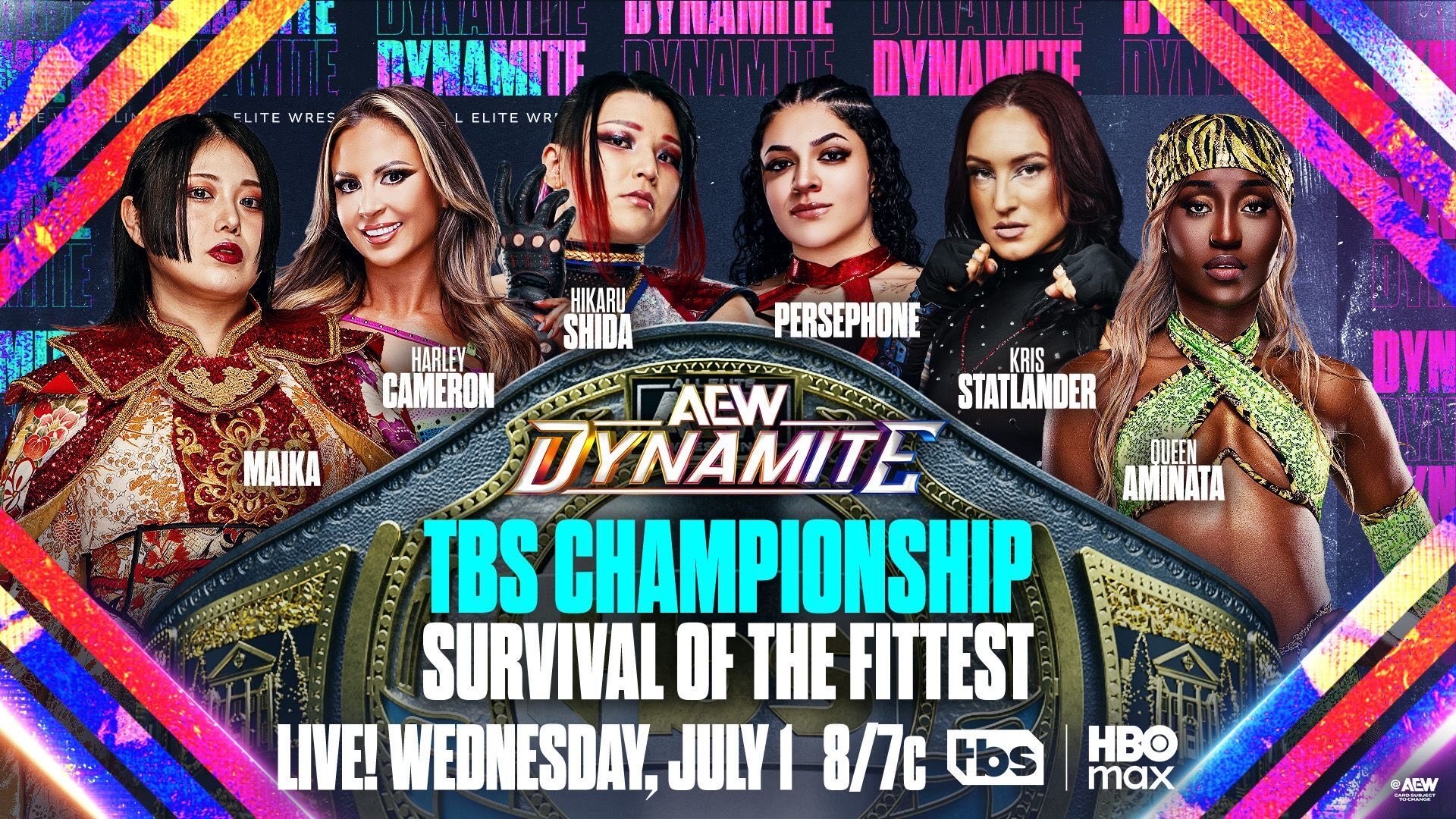 Promotional poster for AEW Dynamite featuring six female wrestlers with a large championship belt and the text 'TBS Championship Survival of the Fittest'