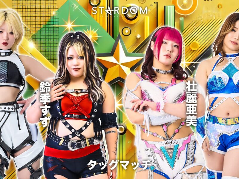 Promotional poster for Stardom featuring four female pro wrestlers in bright outfits posing together with a star motif and yellow geometric background.