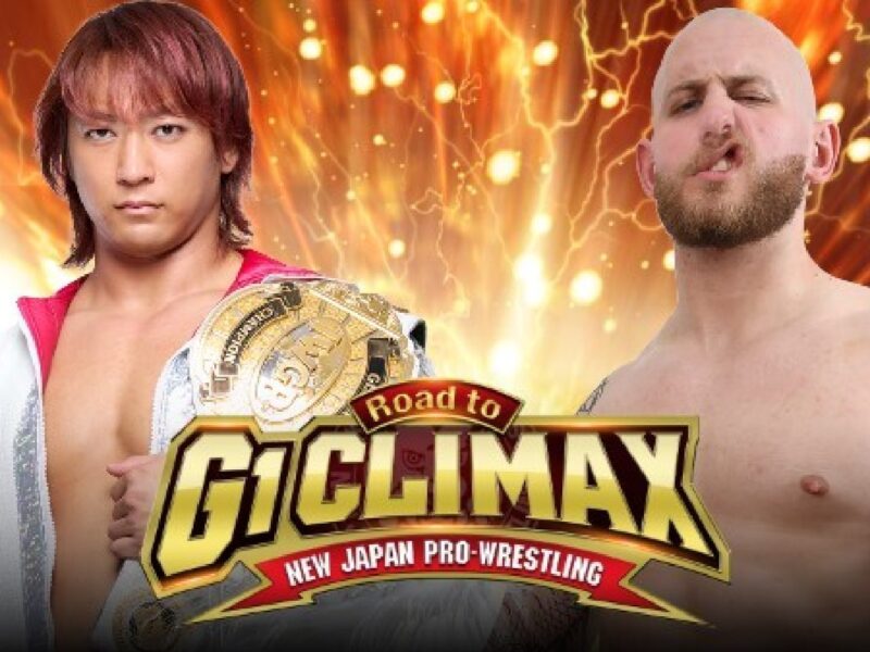 Two shirtless wrestlers pose with a gold championship belt, front and center, against a fiery orange backdrop; logo shows 'G1 CLIMAX' for New Japan Pro-Wrestling.