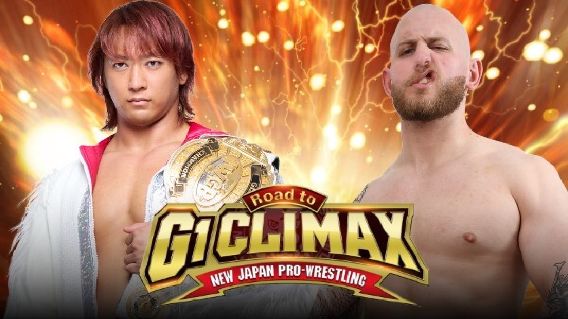 Two shirtless wrestlers pose with a gold championship belt, front and center, against a fiery orange backdrop; logo shows 'G1 CLIMAX' for New Japan Pro-Wrestling.