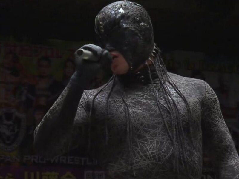 Wrestler in a shiny gray-black cracked-pattern suit, holding a microphone on stage with the audience in the background