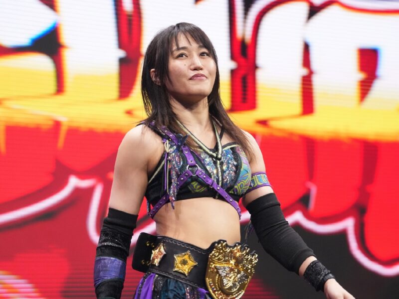 Female professional wrestler in a purple and black costume wearing a large championship belt, standing on a brightly lit stage with a red and yellow backdrop.