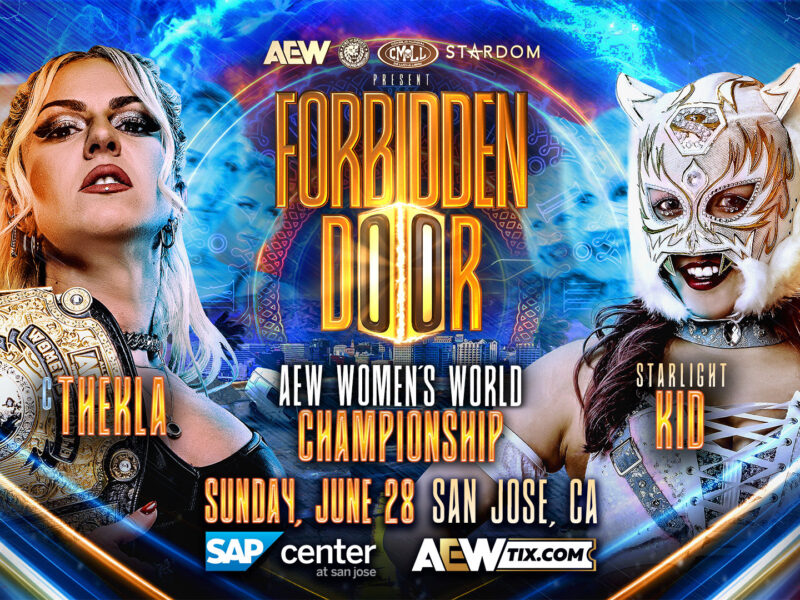 Promotional poster for AEW Forbidden Door, featuring two wrestlers with championship belts and neon, cosmic design; event details include San Jose, CA at SAP Center and date Sunday June 28 or 29.