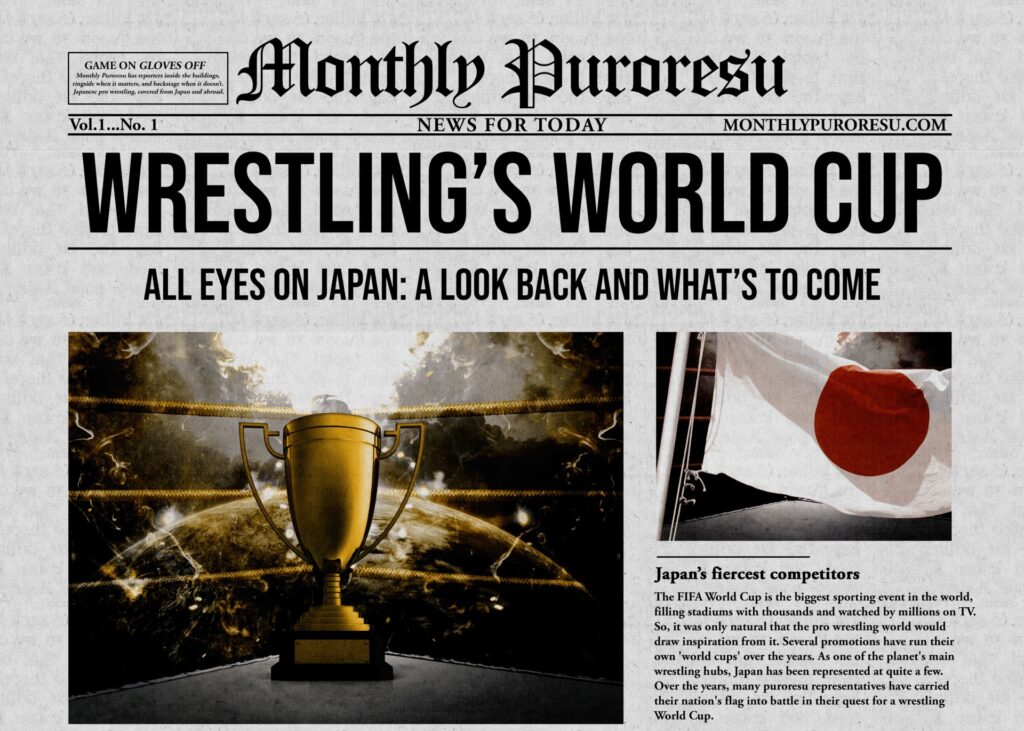 Newspaper front page about wrestling, headlined 'WRESTLING'S WORLD CUP' with subheading 'ALL EYES ON JAPAN: A LOOK BACK AND WHAT'S TO COME'; features images of a trophy and a Japanese flag collage on a gray background.