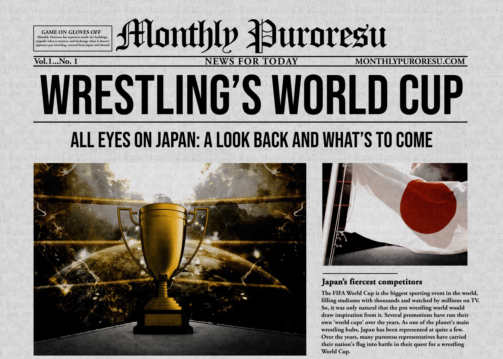 Newspaper front page about wrestling, headlined 'WRESTLING'S WORLD CUP' with subheading 'ALL EYES ON JAPAN: A LOOK BACK AND WHAT'S TO COME'; features images of a trophy and a Japanese flag collage on a gray background.