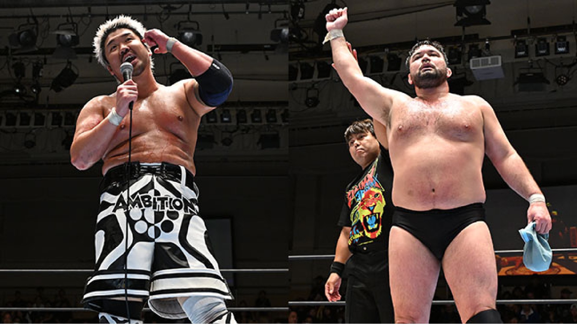 Two professional wrestlers stand in the ring: one with a microphone and patterned black-and-white trunks, the other raising a fist as a referee looks on from behind.