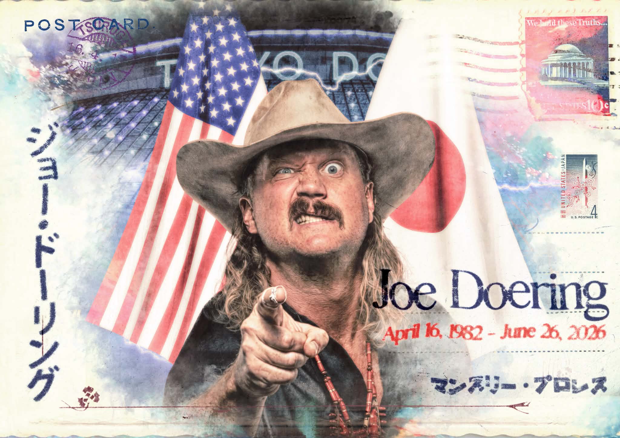 Man with a cowboy hat and beard points at the viewer, set against a patriotic collage with the American flag and a postage stamp background.