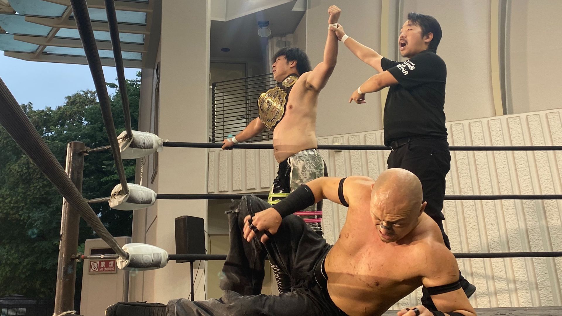 Wrestler with championship belt raises arm in victory as teammate cheers inside the ring. Another wrestler grimaces in the foreground.