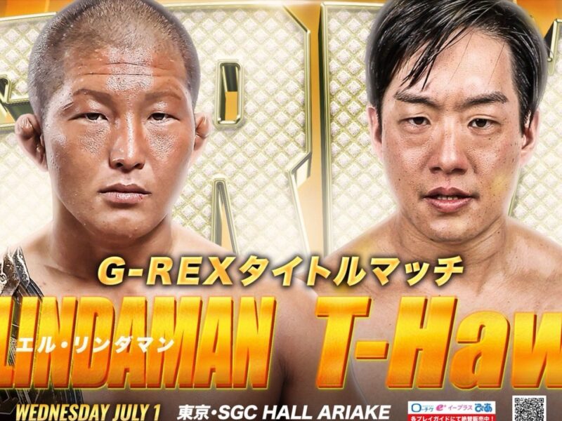 Poster for a wrestling match featuring two male fighters facing the camera with a gold, diamond-pattern backdrop and bold yellow text saying 'Eldaman/T-Hawk' or similar.