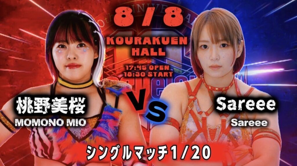 Promo poster for a wrestling match: two female wrestlers facing off with a bold 'VS' in the center and Japanese text on a red/blue background.