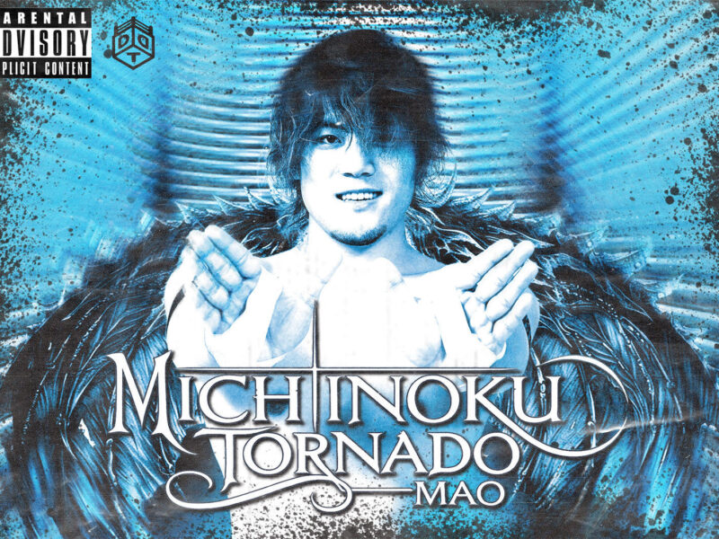 Blue-toned album cover with a smiling man reaching forward, bold Michinoku Tornado MAO text across the bottom, and a parental advisory label in the corner.