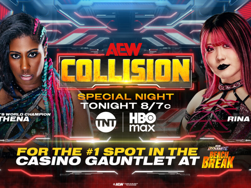 Promotional poster for AEW Collision featuring Athena (left) and Rina (right) with bold yellow Collision logo center and event details below in neon lighting.