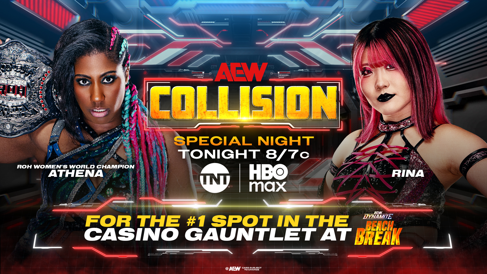 Promotional poster for AEW Collision featuring Athena (left) and Rina (right) with bold yellow Collision logo center and event details below in neon lighting.