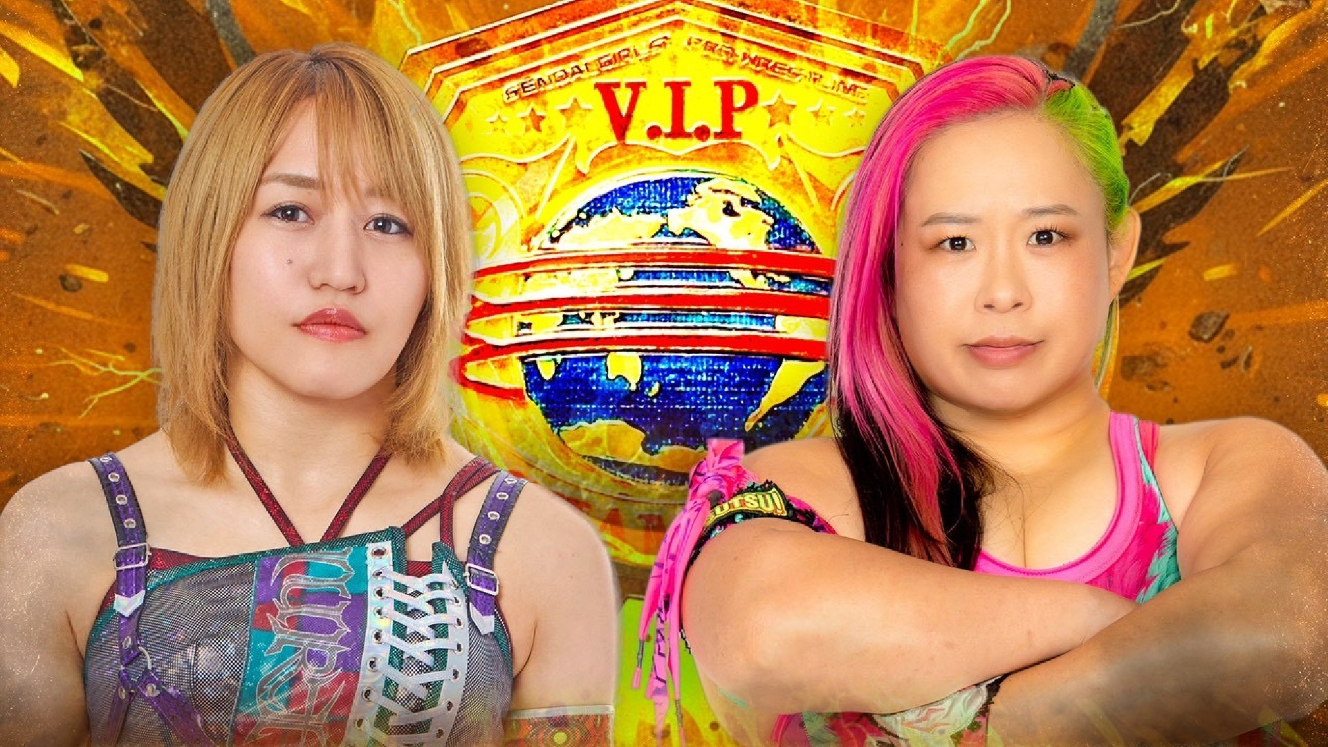 Two female wrestlers pose side by side in bright, patterned outfits against a fiery orange backdrop with a VIP globe banner behind them.