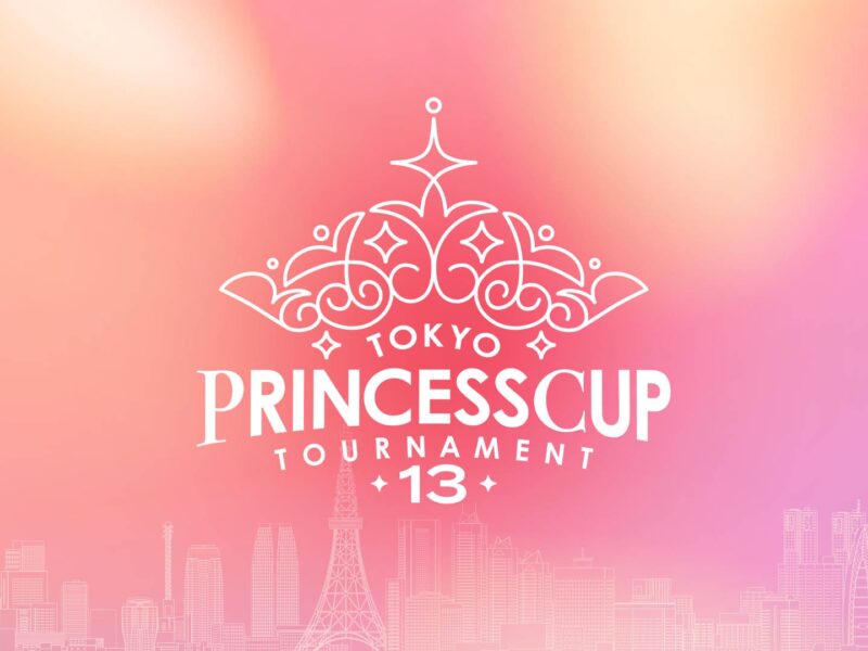 Poster for Tokyo Princess Cup Tournament 13 with a white crown emblem on a pink gradient cityscape background. (Event poster)