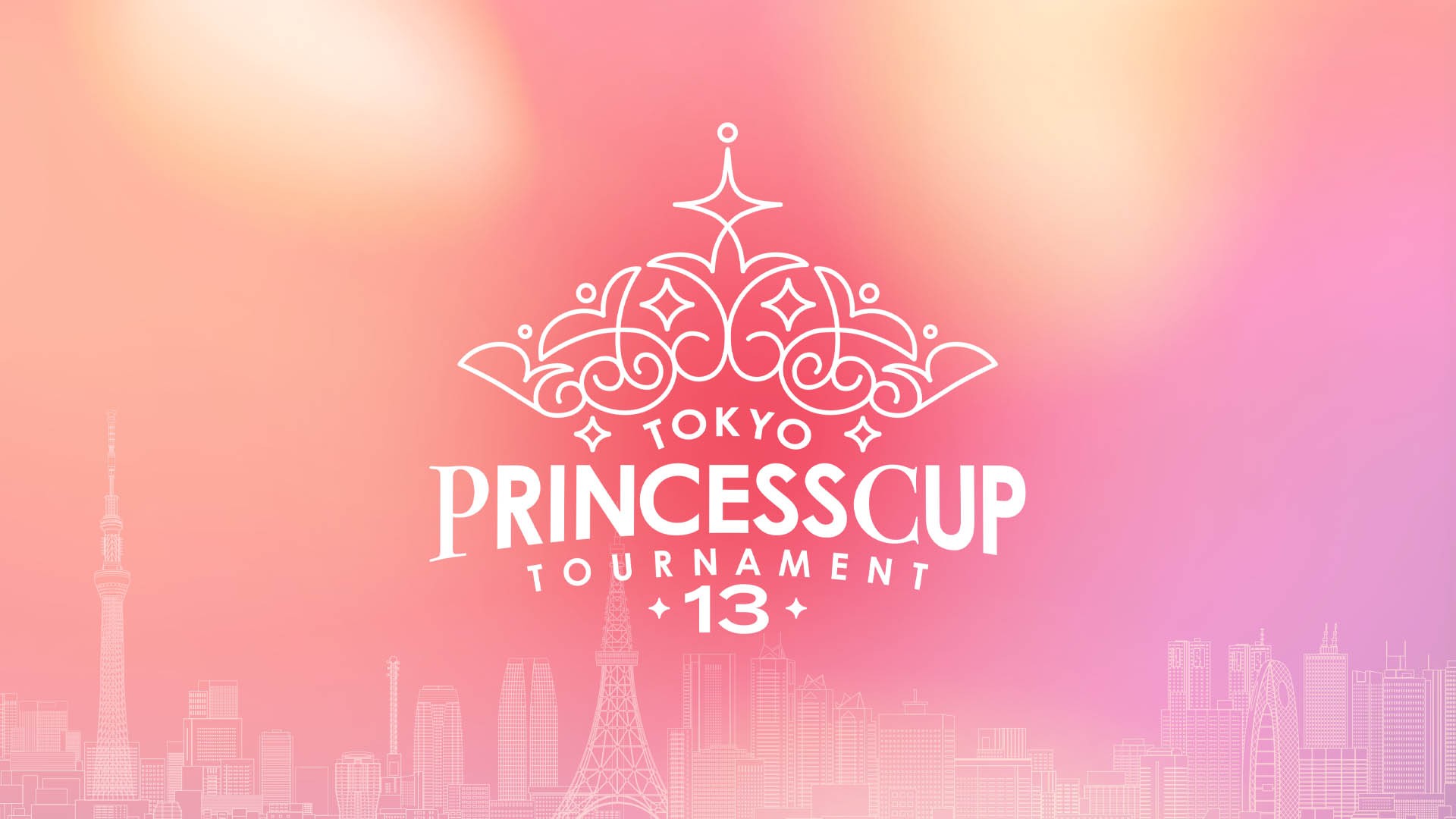 Poster for Tokyo Princess Cup Tournament 13 with a white crown emblem on a pink gradient cityscape background. (Event poster)
