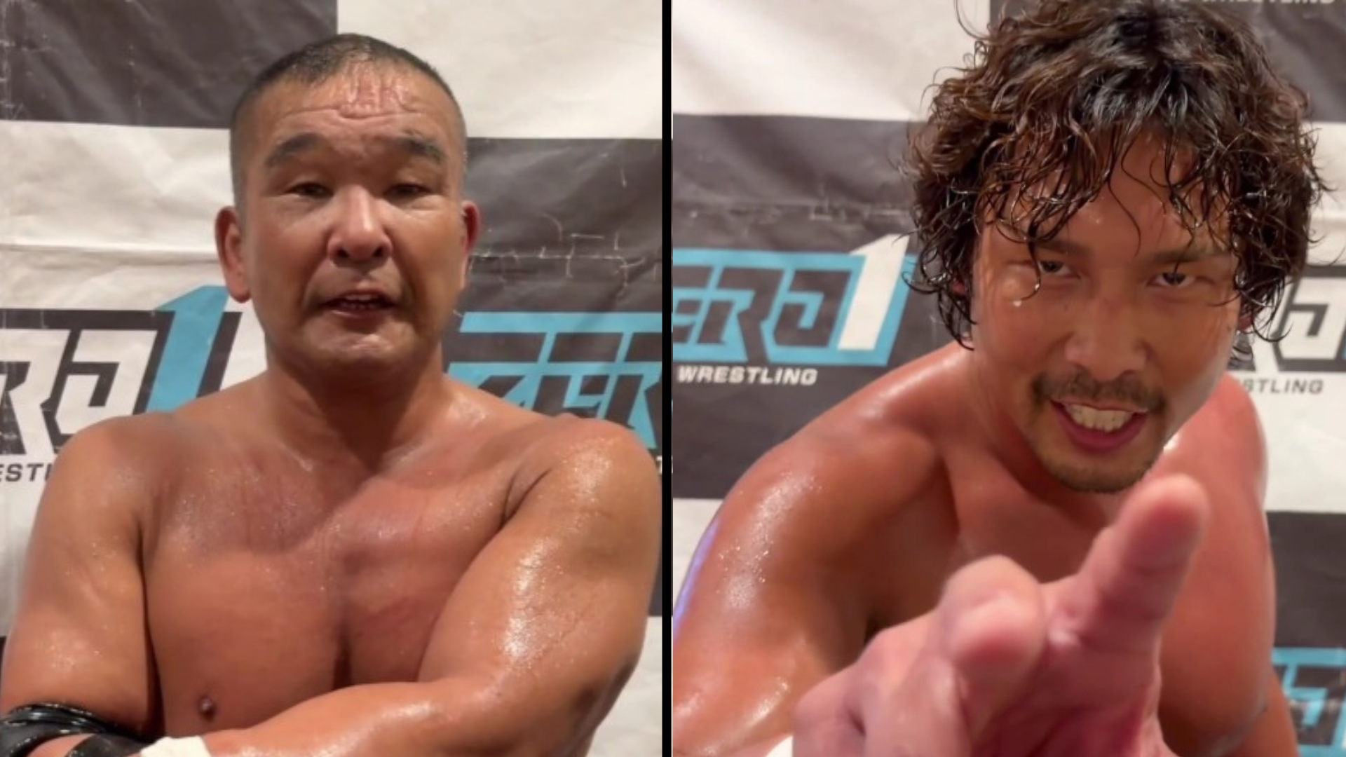 Split-screen image of two wrestlers in a wrestling backdrop; left: older shirtless man, right: younger man with wet hair pointing at the camera.