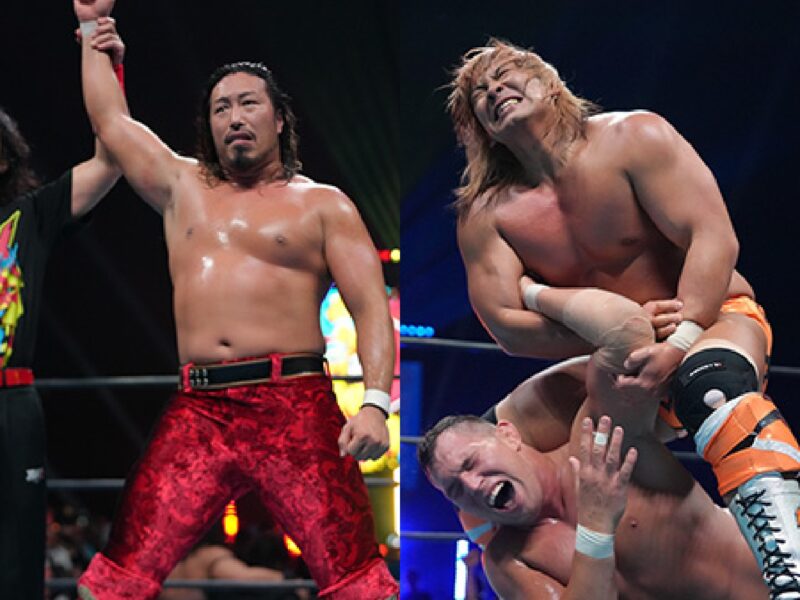 Split image of pro wrestling: left shows a shirtless wrestler in red trunks raising his arm beside a championship belt; right shows two wrestlers grappling in the ring.