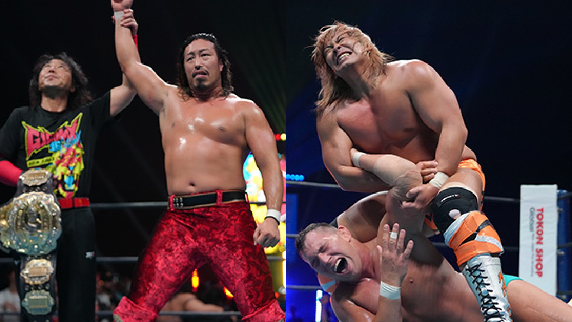 Split image of pro wrestling: left shows a shirtless wrestler in red trunks raising his arm beside a championship belt; right shows two wrestlers grappling in the ring.