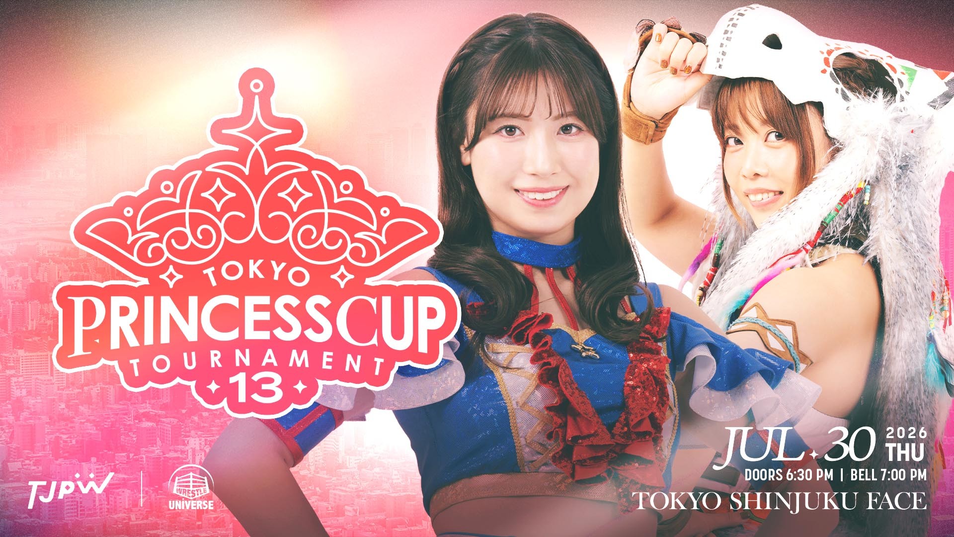 Poster for Tokyo Princess Cup Tournament 13 featuring two smiling cosplayers in colorful outfits.