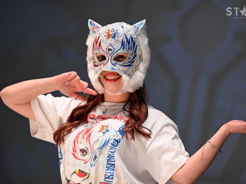 Person wearing a colorful cat mask with white fur, performing a pose on stage with hands raised