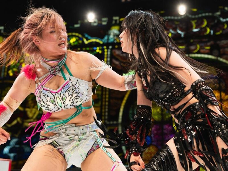 Two female wrestlers collide in a colorful arena, one in a pastel, armored outfit and the other in a black fringed costume, mid-match action with intense expressions.