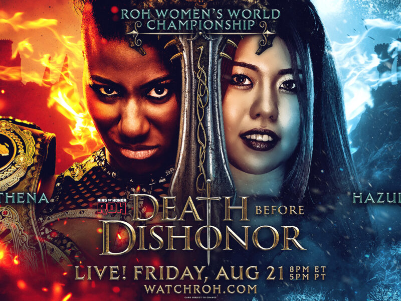 ROH Death Before Dishonor poster featuring Athena (left) with a championship belt and Hazuki (right), fire on the left and ice on the right, dramatic center sword.