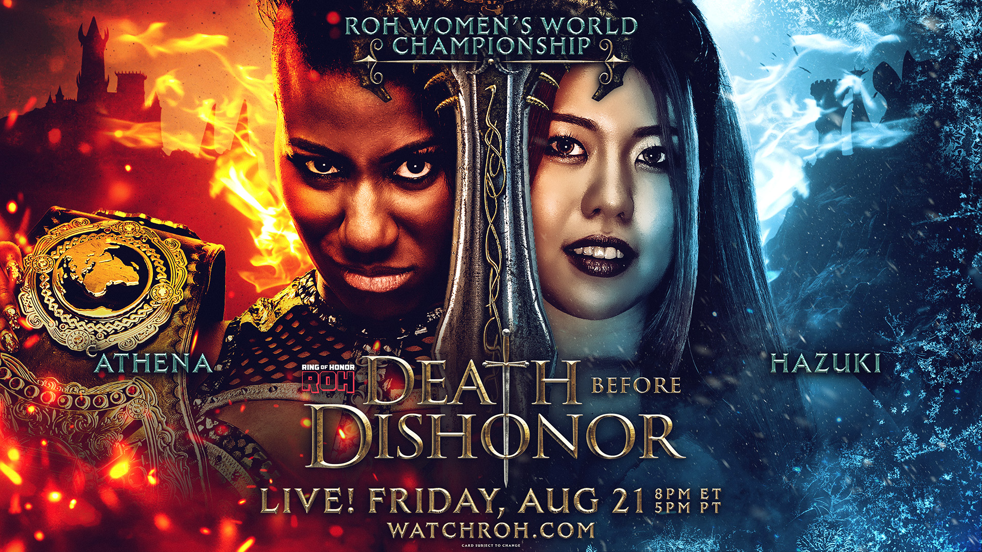 ROH Death Before Dishonor poster featuring Athena (left) with a championship belt and Hazuki (right), fire on the left and ice on the right, dramatic center sword.
