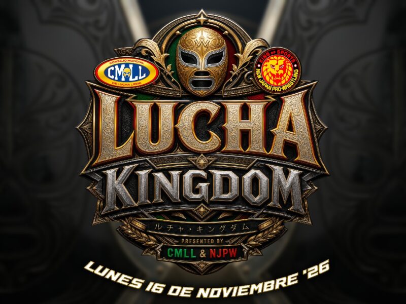 Ornate gold Lucha Kingdom wrestling poster featuring a luchador mask crest and CMLL & NJPW logos, date Nov 16, 2026.